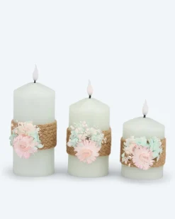Clearance 3 LED-Stumpenkerzen mit Blumen-Deko Dekoration