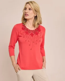 Best Glow Pullover Blumenstickerei Ausschnitt Strickware