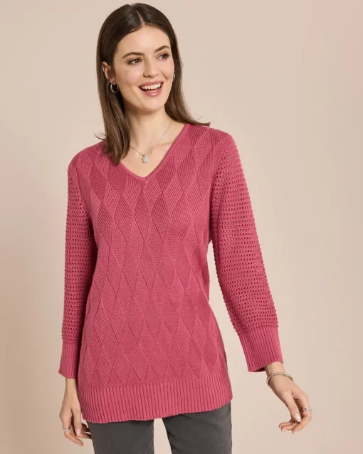 Discount Pullover mit Ajour-Ärmel und Karo-Struktur Strickware