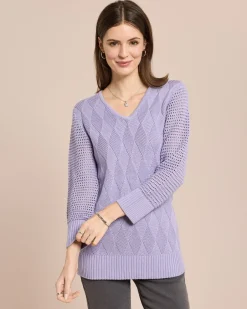 Discount Pullover mit Ajour-Ärmel und Karo-Struktur Strickware